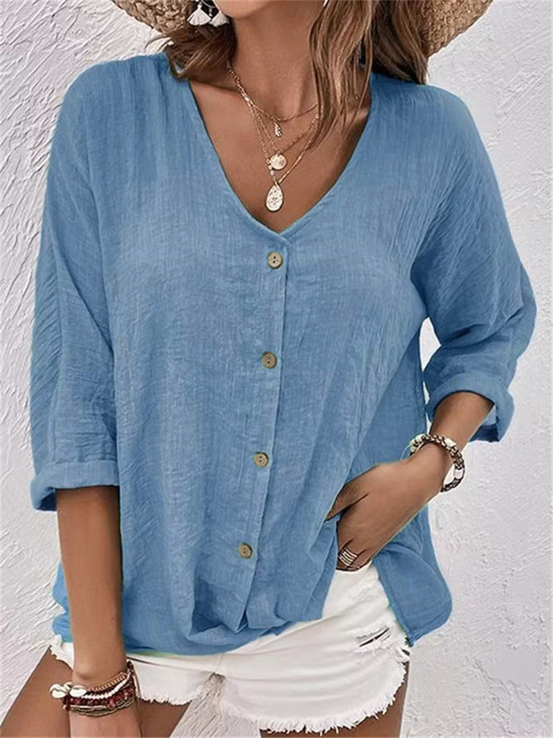 Sewing V - Botões elegantes blusa sólida primavera novas