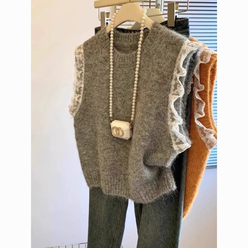 Sewing Vest - Camisola feminina colete retro retalhos rendas